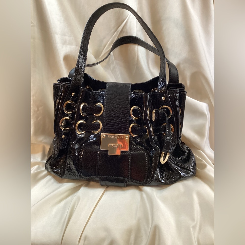 JIMMY CHOO BLACK PATENT LEATHER ROMONA SHOULDER BAG WITH DUST BAG AND COA